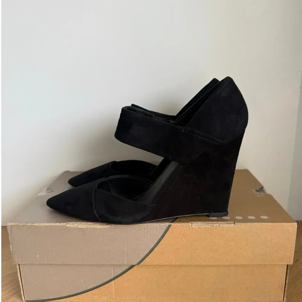 Tory Burch Saray Black Suede Pointed Toe Women Wedge Heel- SZ 10